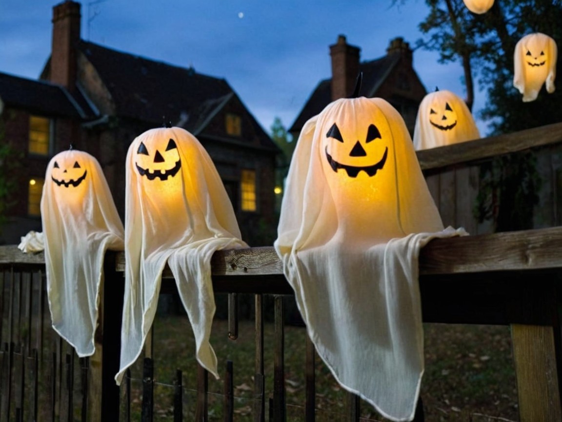 Whimsical Halloween Scene with Ghosts and Jack-o'-lanterns