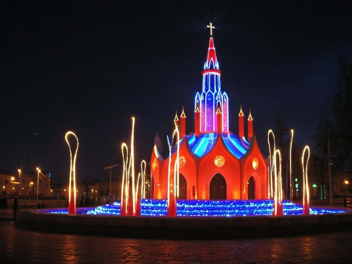 Illuminated Architectural Structure with Colorful Spires