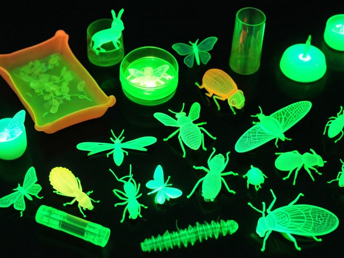 Glowing Green Plastic Insects and Abstract Objects
