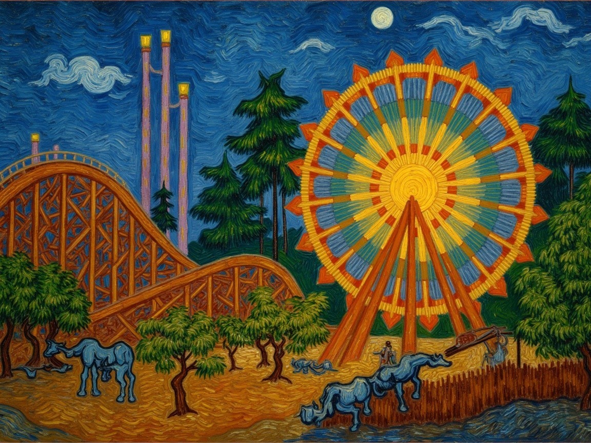 Vibrant Amusement Park Landscape at Night