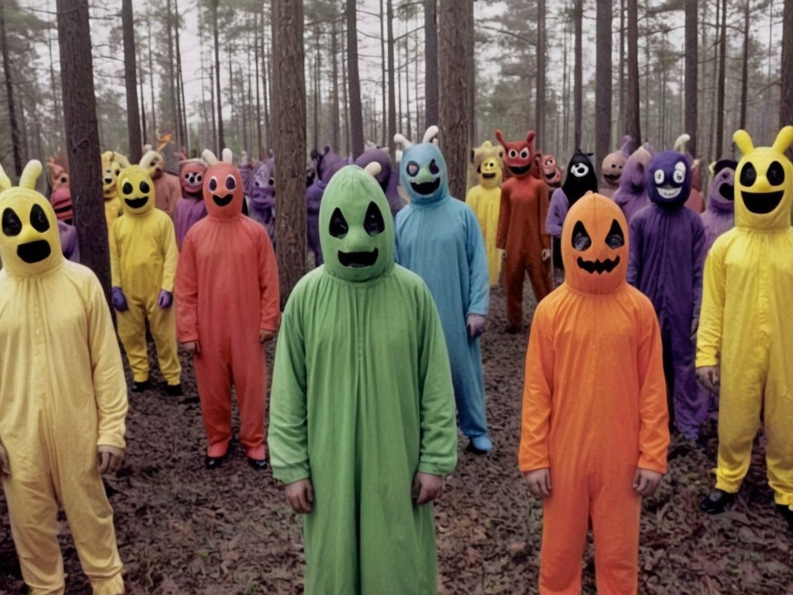Colorful Costumed Individuals in a Dense Forest
