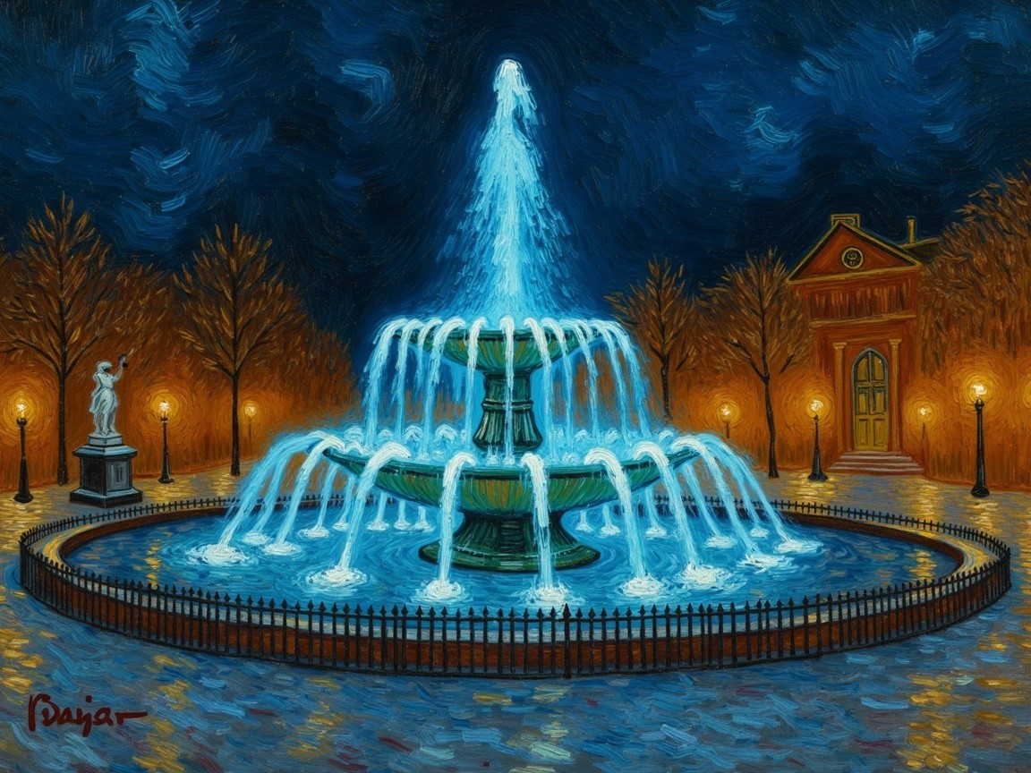 Vibrant Nighttime Fountain Scene with Illuminated Water