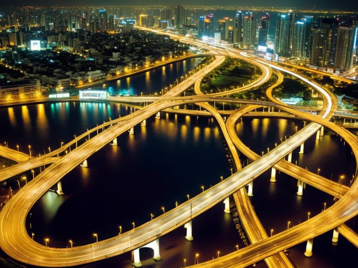 Nighttime Cityscape with Illuminated Highways and Bridges