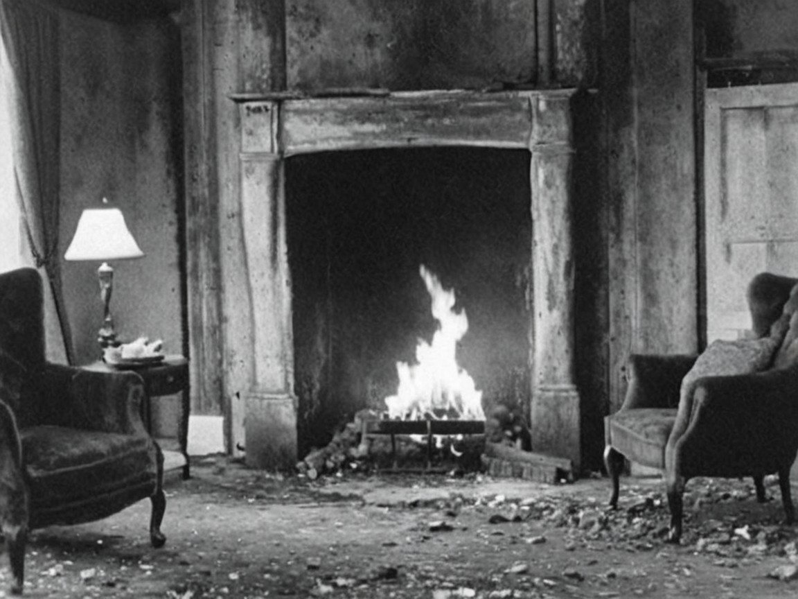 Dimly Lit Room with Fireplace and Neglected Decor