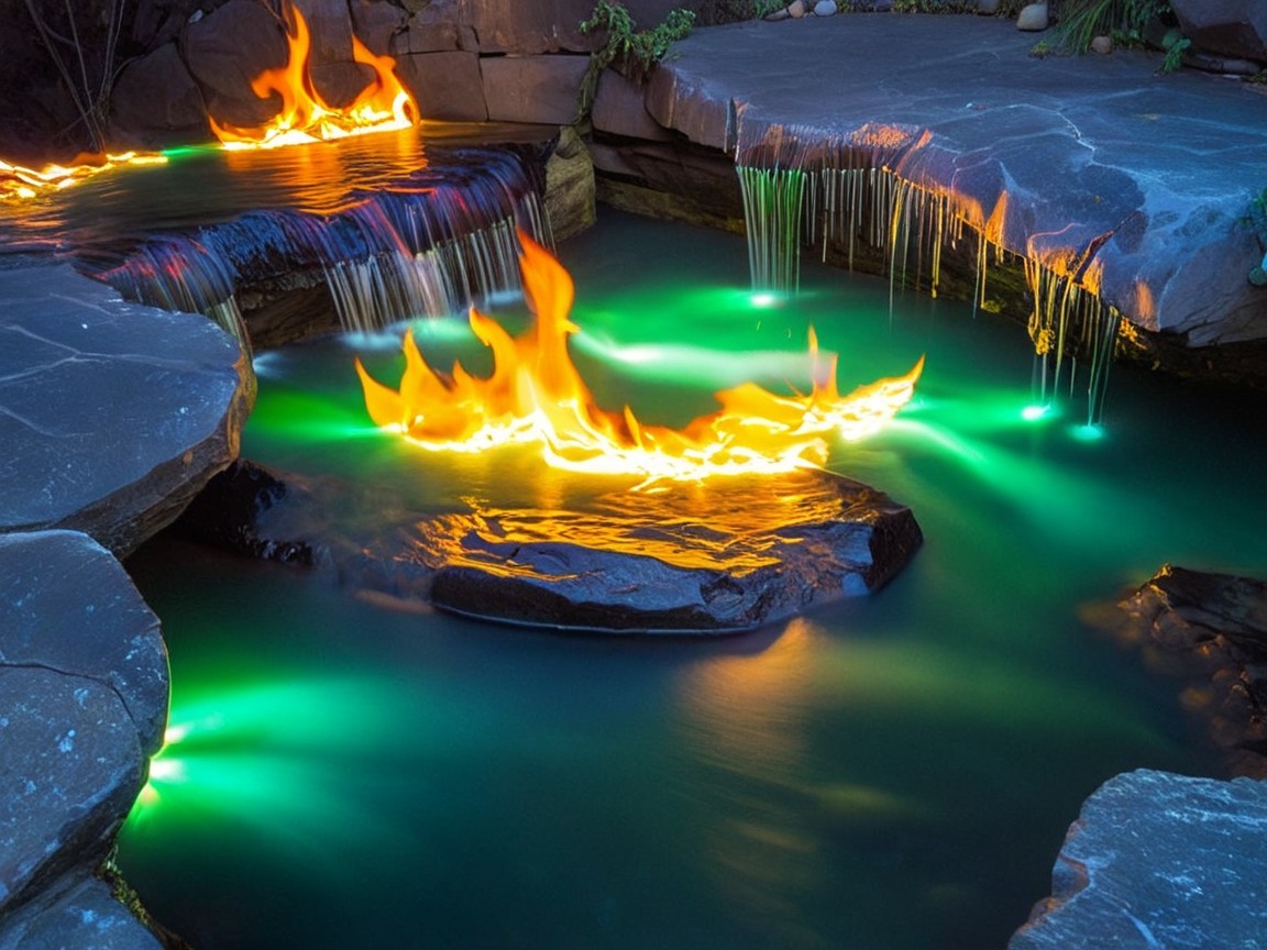 Tranquil Water Feature with Flames and Green Lights