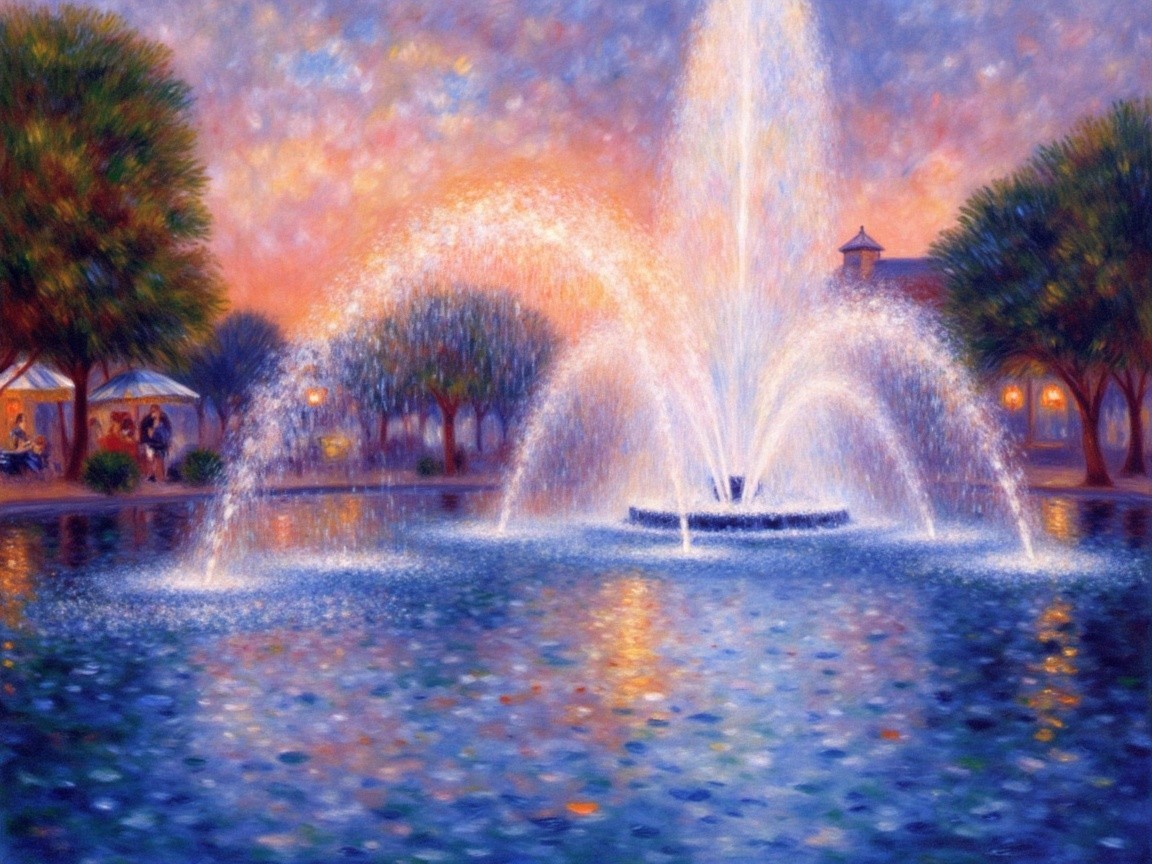 Serene Fountain at Sunset with Lush Greenery