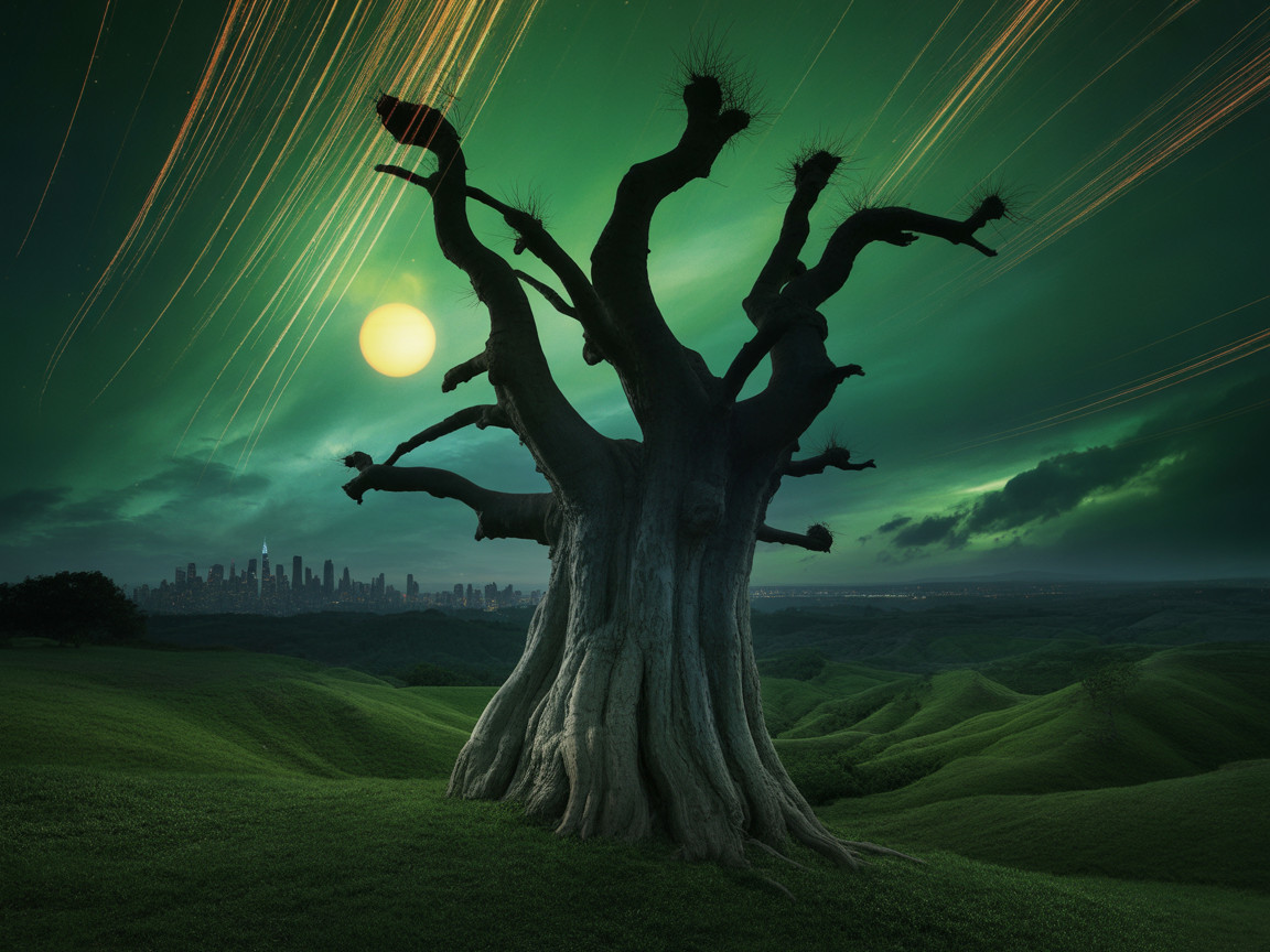 Ancient Tree on Green Hills Under Night Sky
