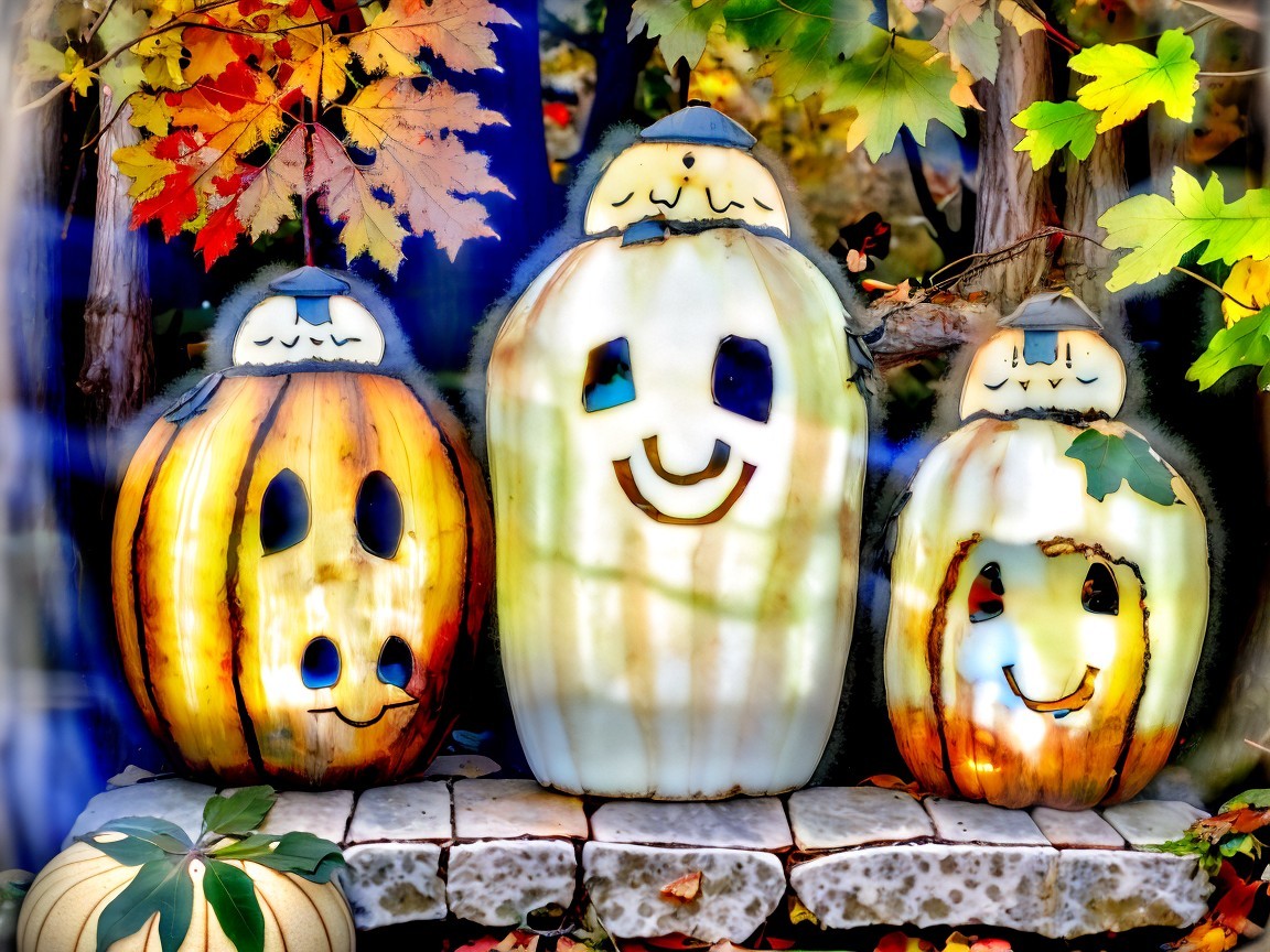 Festive Pumpkins with Cheerful Faces and Autumn Leaves