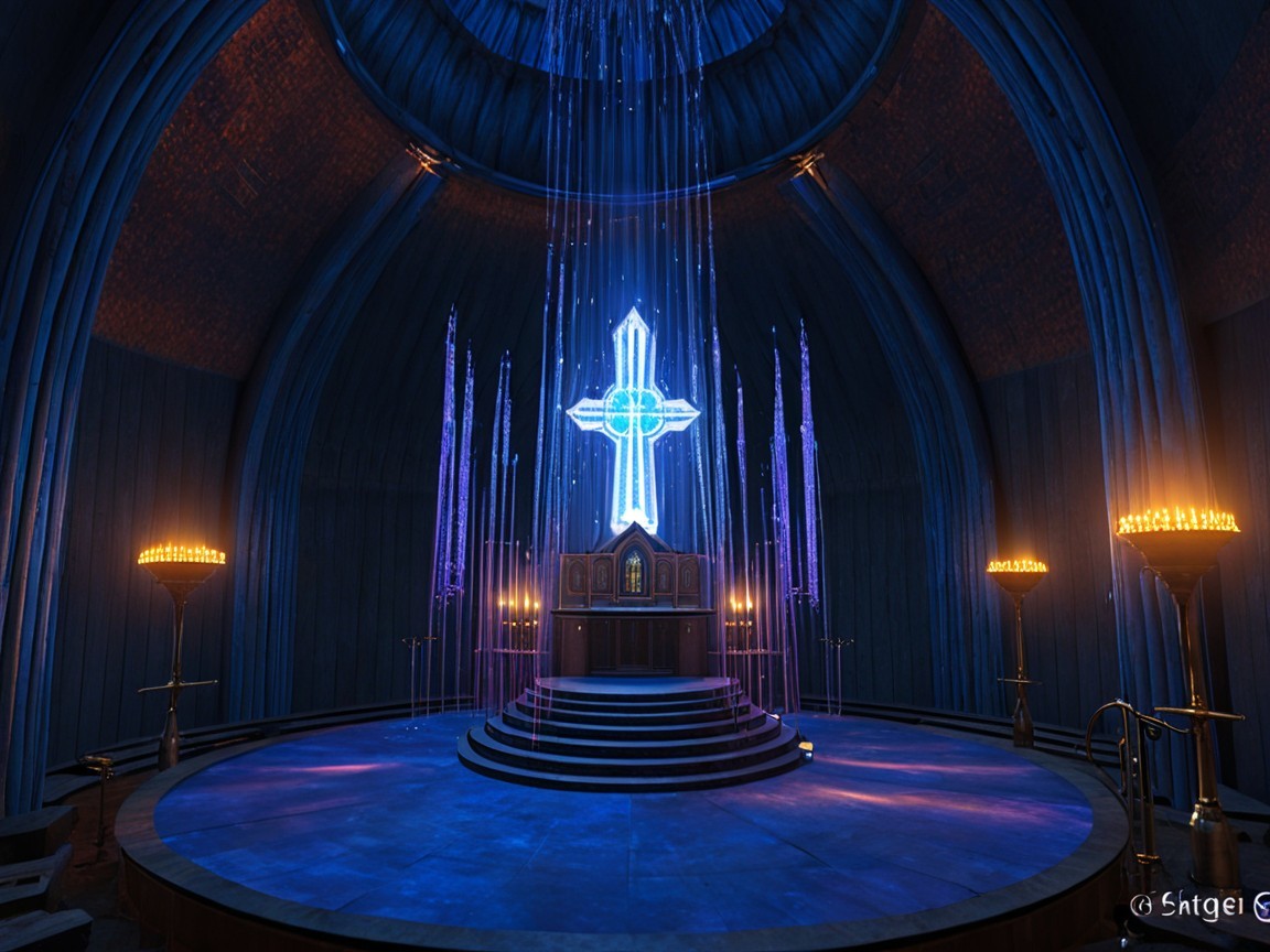 Dimly Lit Chapel with Glowing Blue Cross and Candles