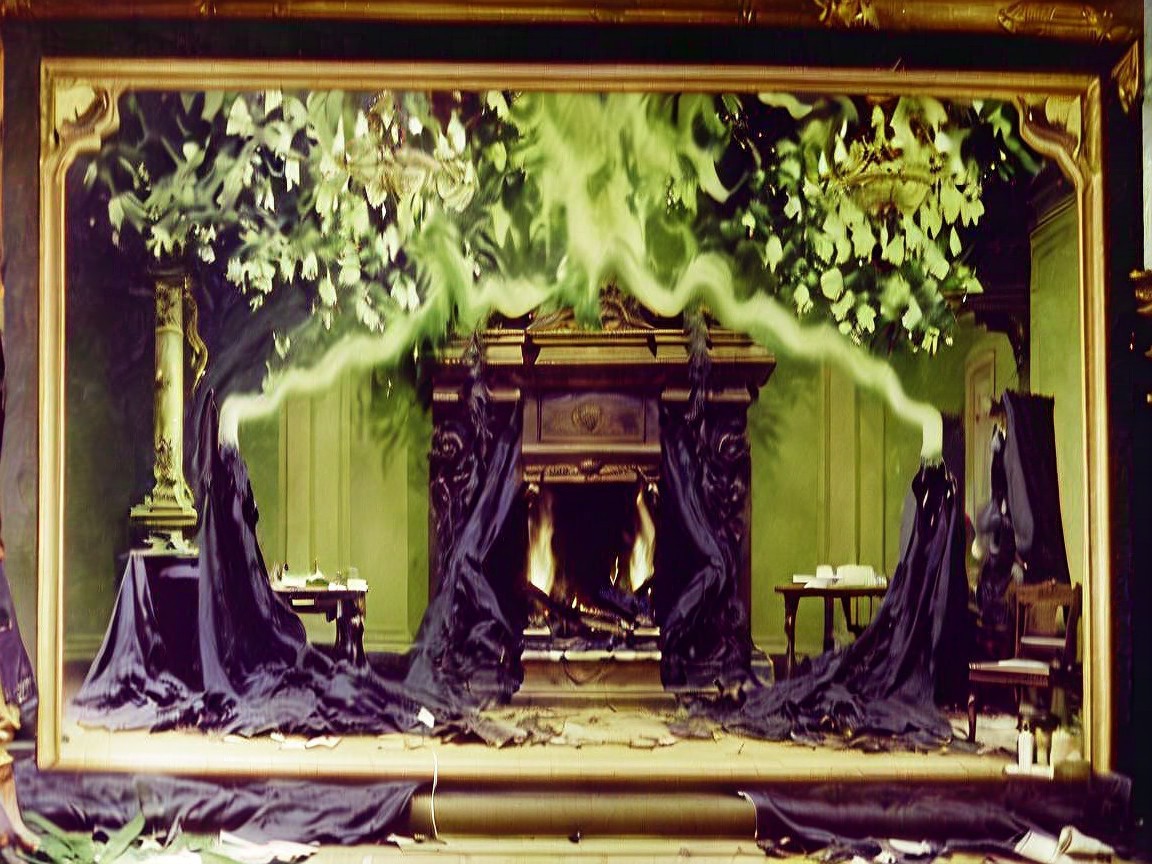 Surreal Theatrical Interior with Draped Figures and Foliage