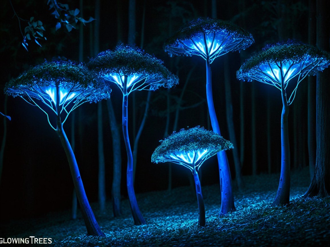 Luminous Blue Canopies in a Mystical Night Forest