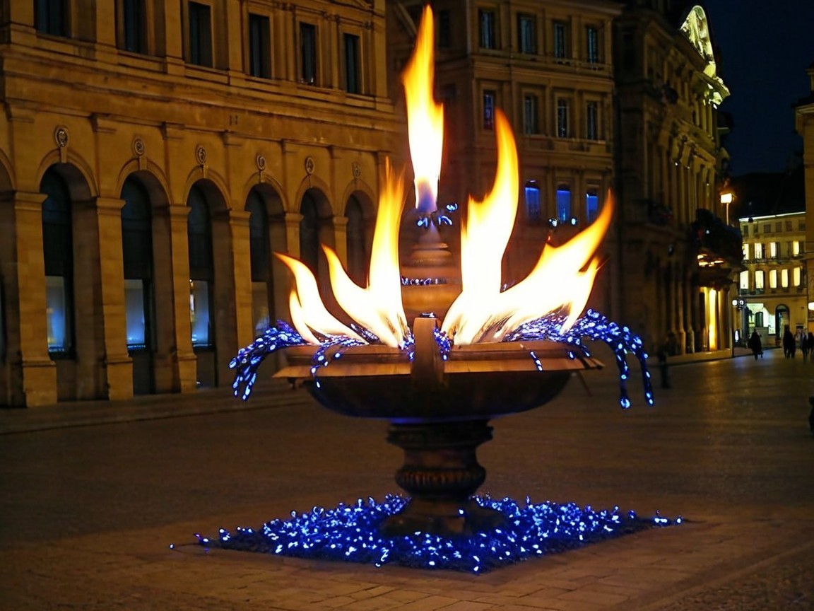 Vibrant Fountain with Flames and Cascading Water