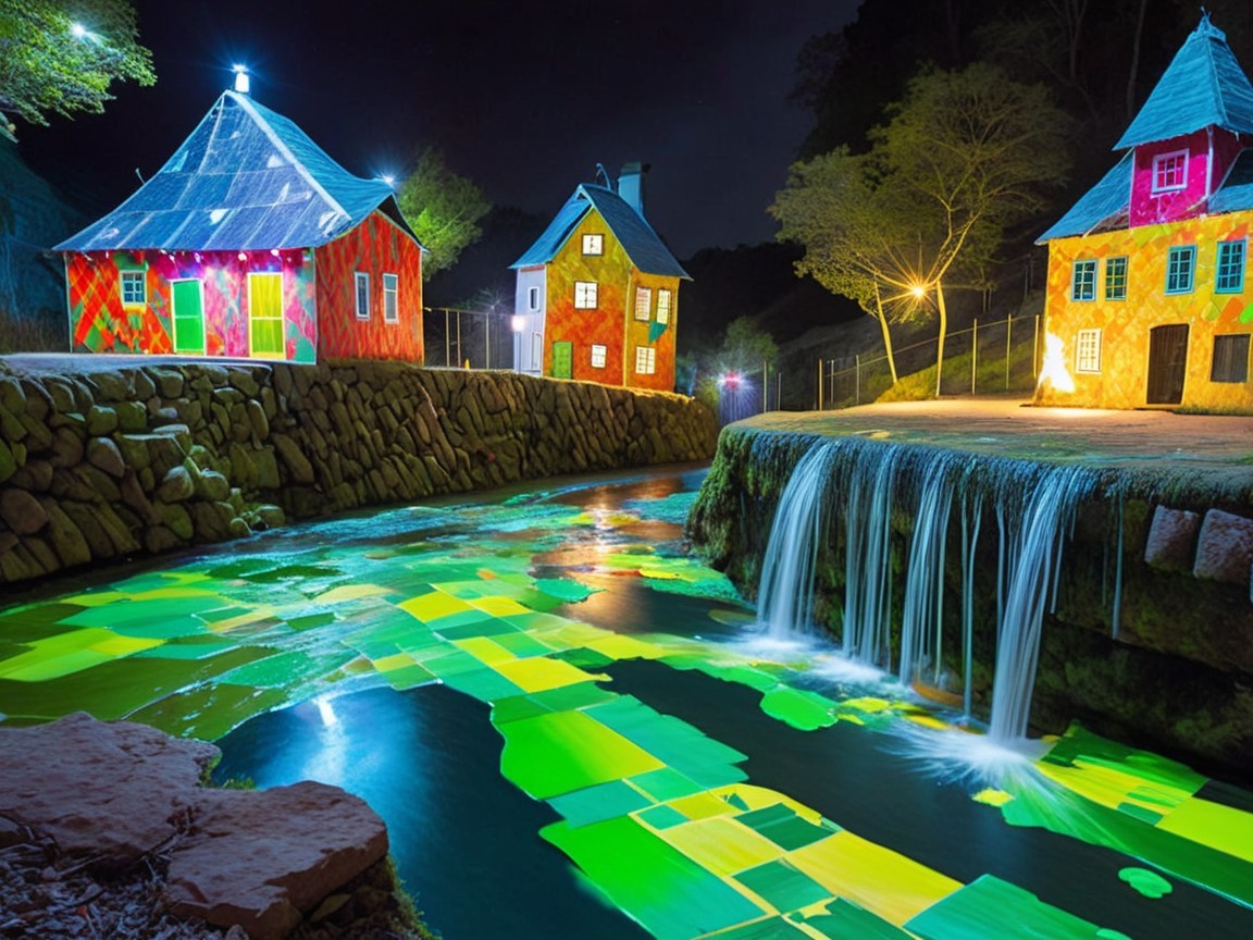 Vibrant Nighttime Scene with Colorful Houses and River