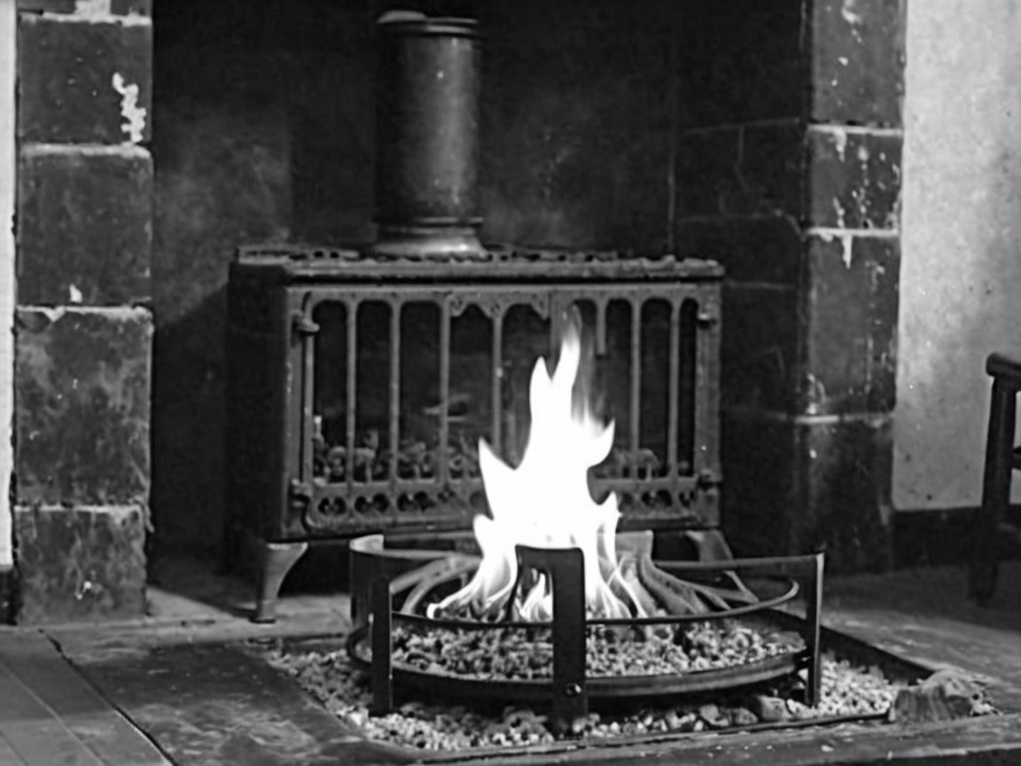 Cozy Fireplace with Bright Flames and Vintage Heater