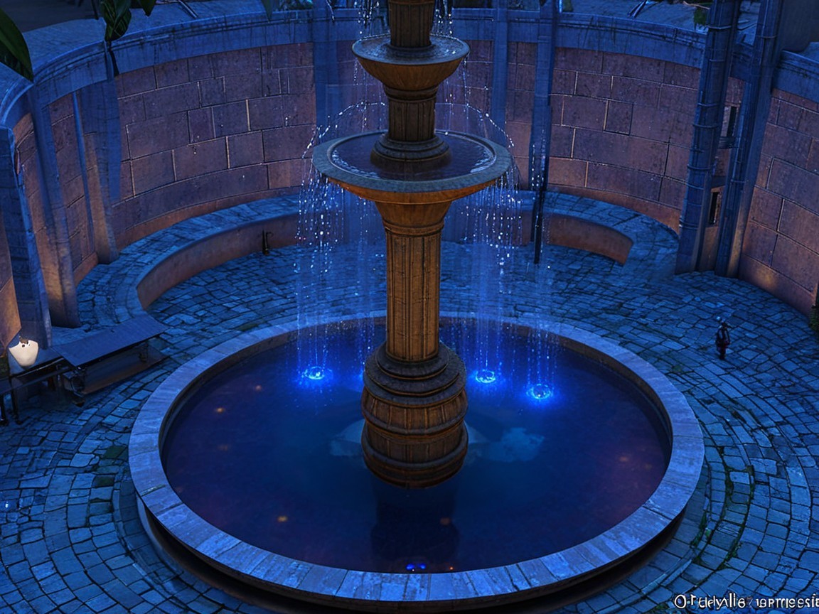Nighttime Circular Courtyard with Illuminated Fountain
