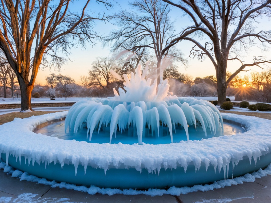 Frozen Fountain in a Serene Winter Landscape
