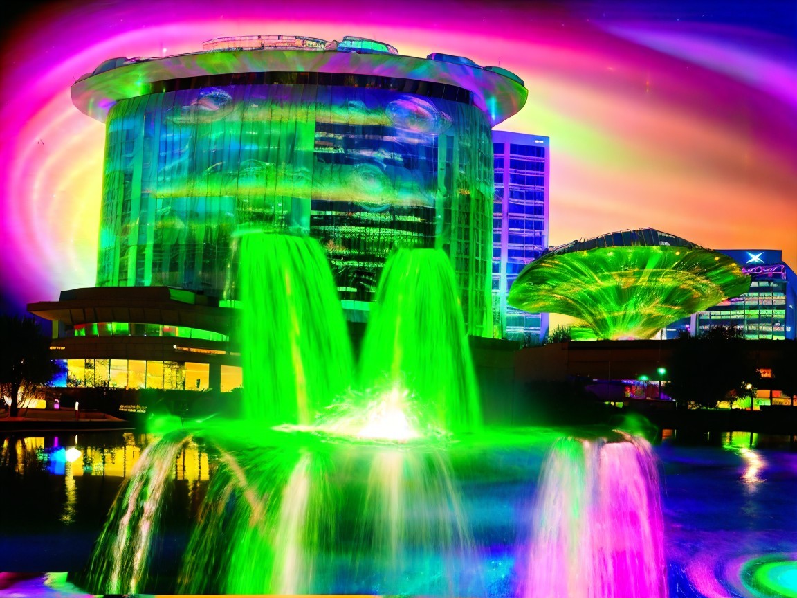 Vibrant Urban Landscape with Colorful Projections and Fountain