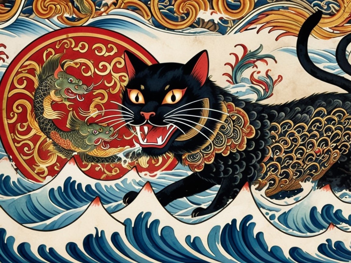 Fierce Black Cat Amid Waves and Koi Fish Design