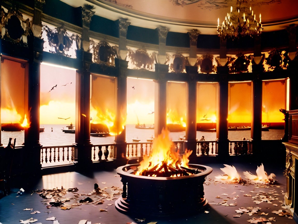 Grand Room with Sunset Over Tumultuous Sea