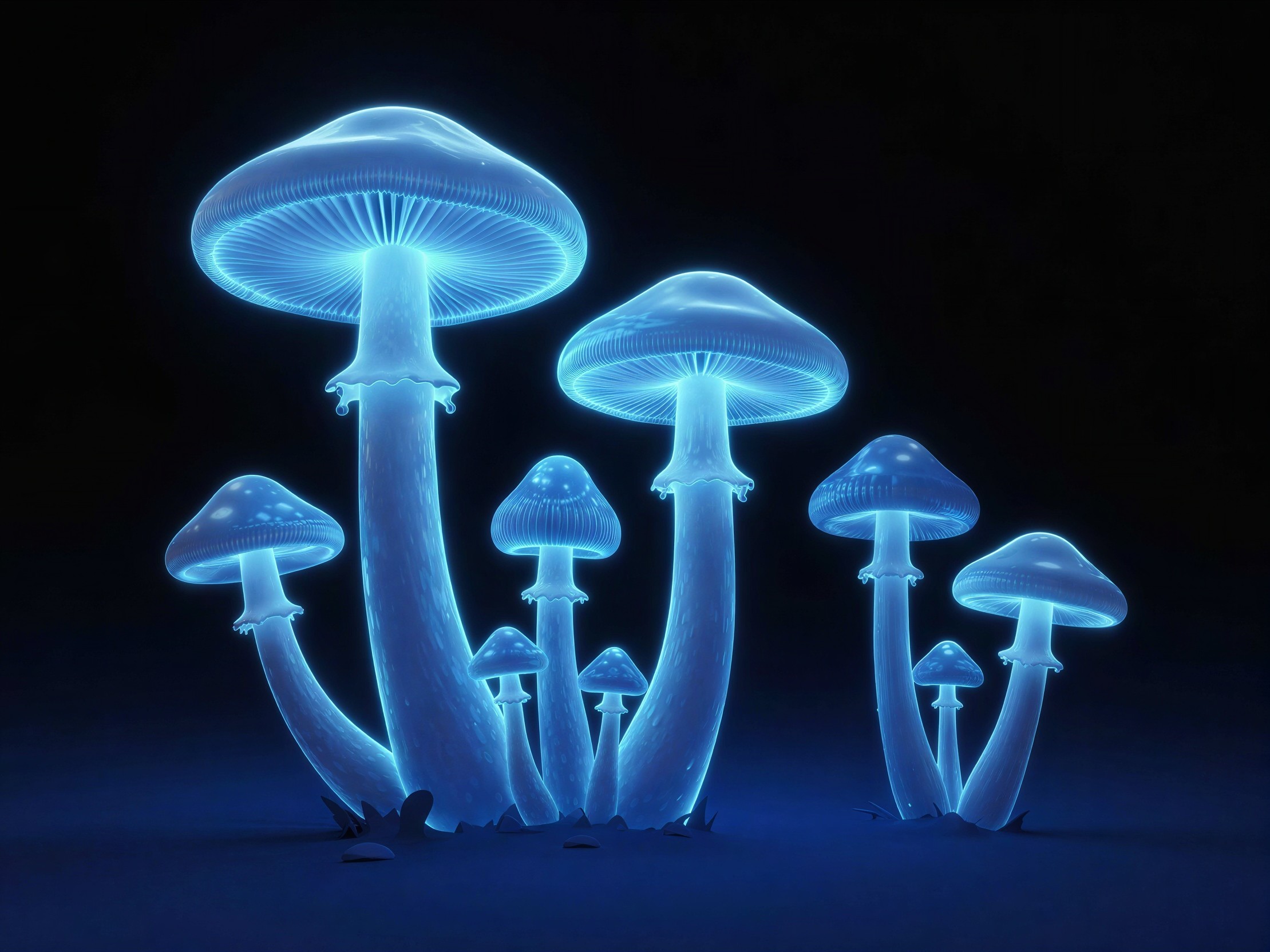 Bioluminescent Blue Mushrooms with Glowing Features
