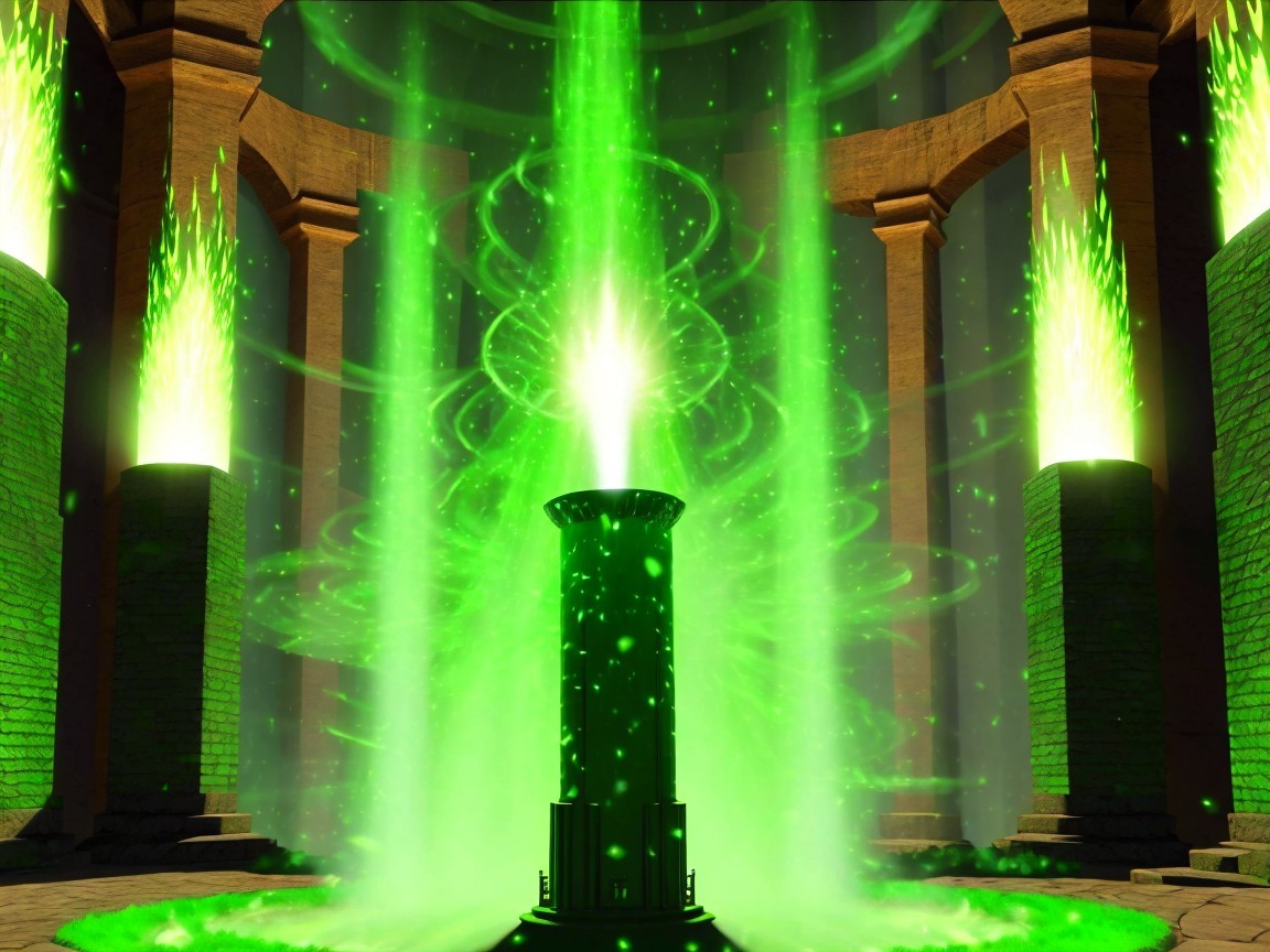 Mystical Chamber with Black Pillar and Green Energy