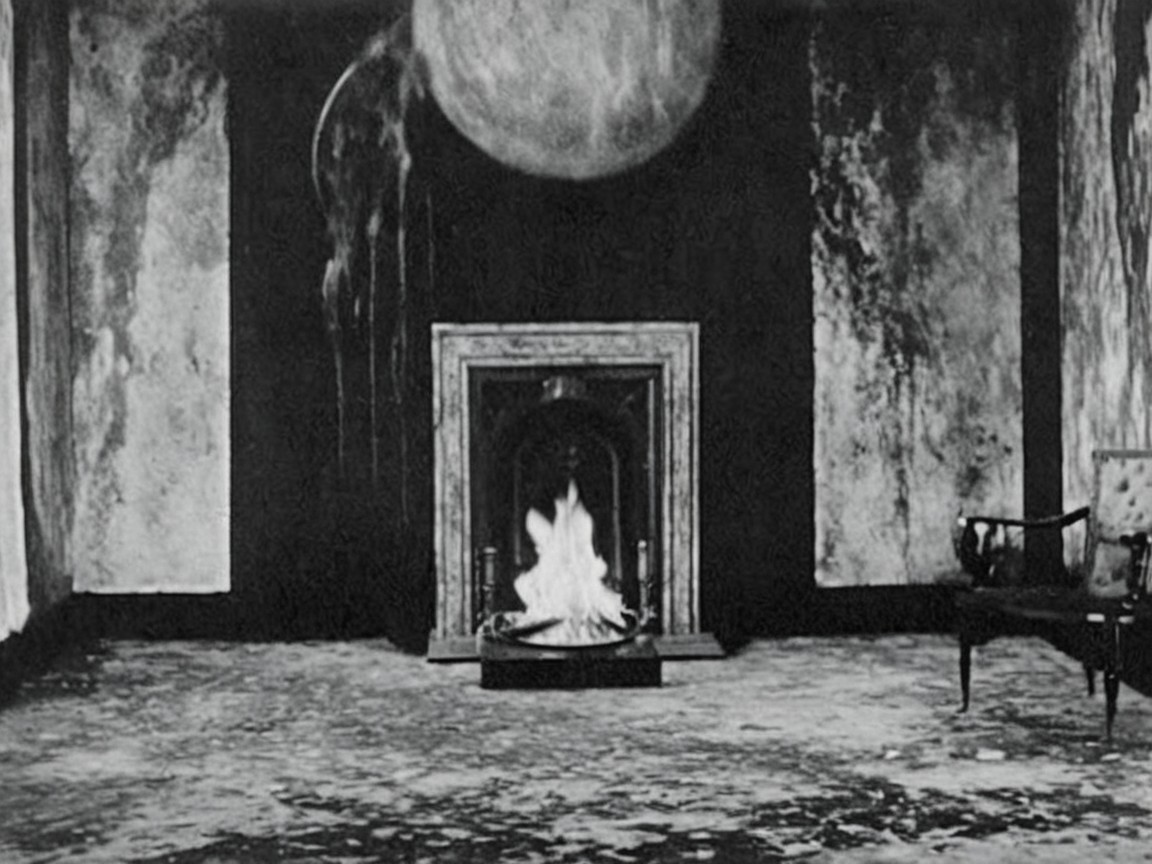 Dimly Lit Room with Glowing Orb and Fireplace