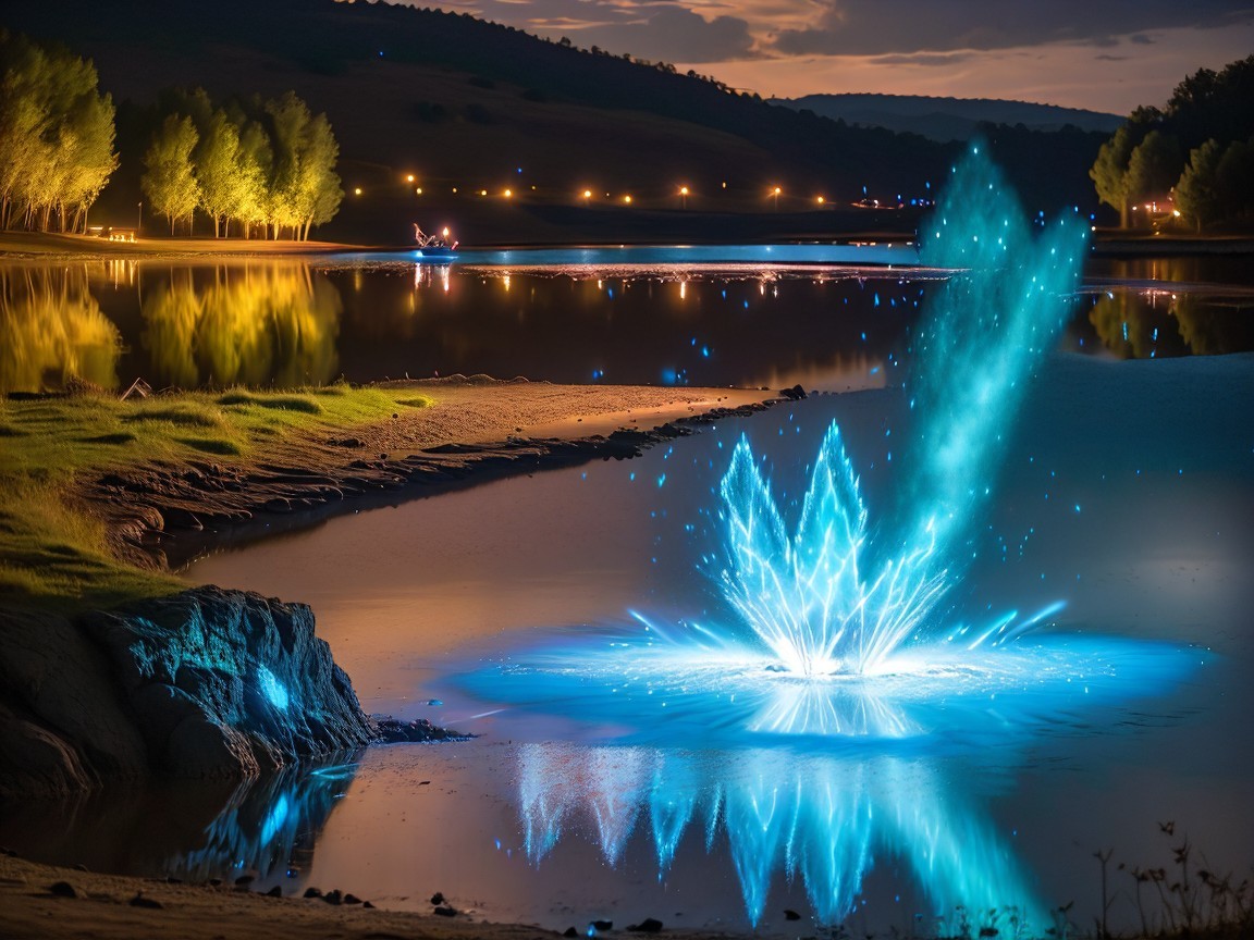Twilight Lakeside Scene with Sparkling Blue Light