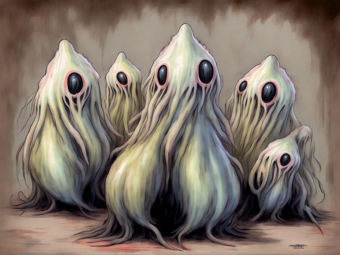 Eerie Ghost-Like Figures with Bulbous Black Eyes