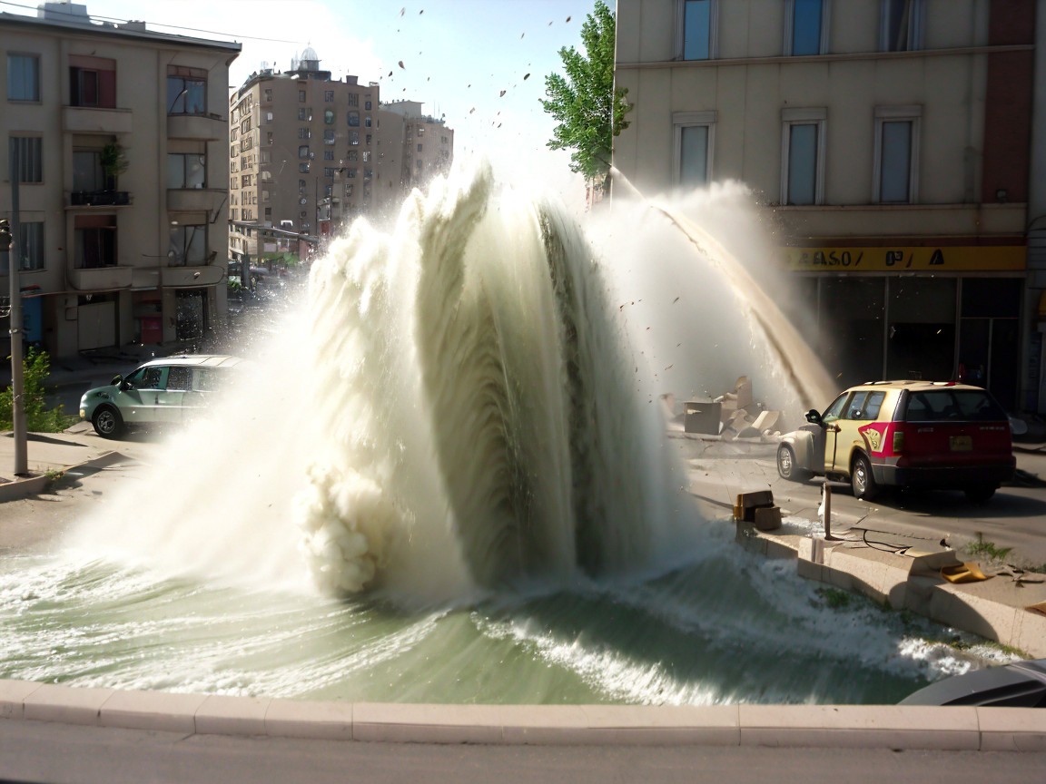 Urban Water Eruption from Burst Pipe Creates Chaos