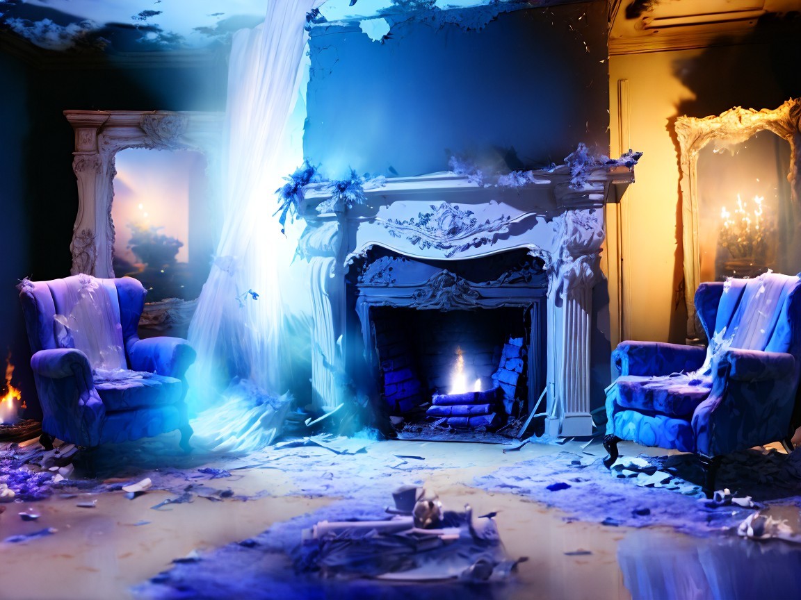 Ethereal Living Room with Blue Armchairs and Fireplace