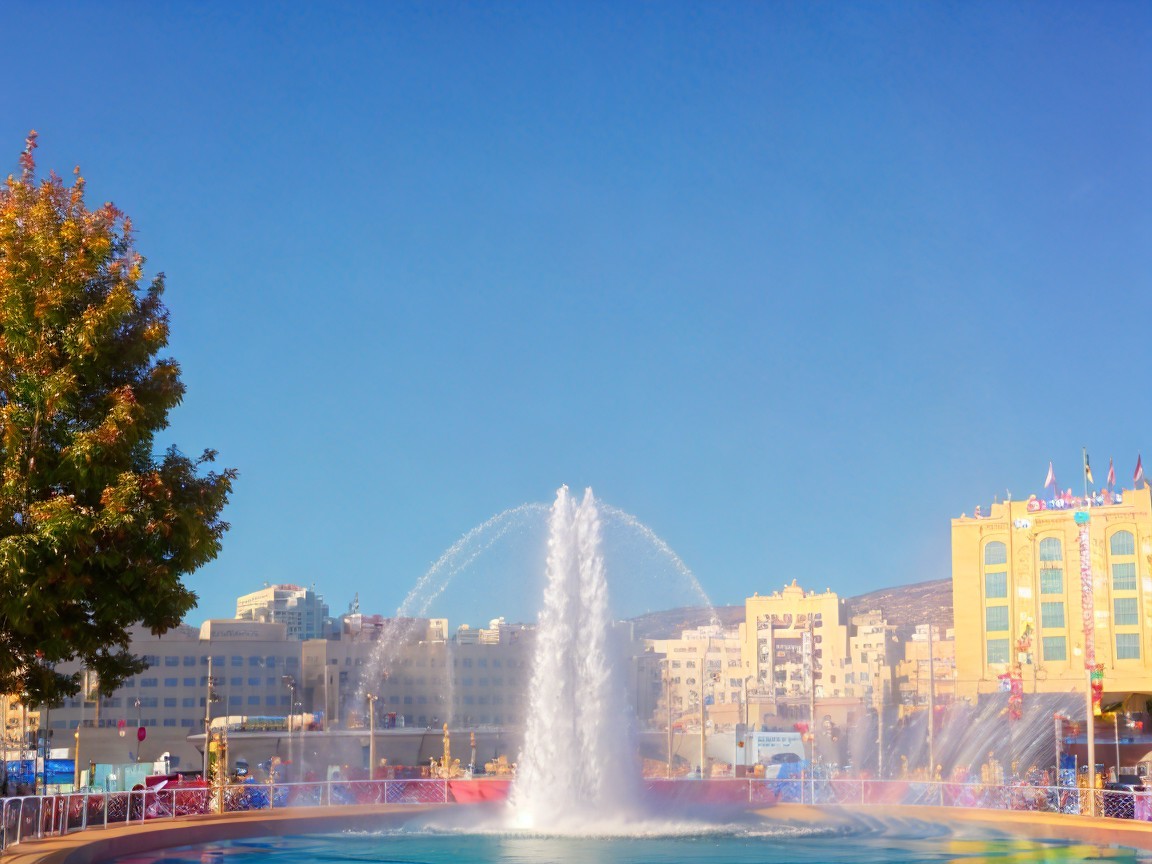 Vibrant Urban Scene with Central Fountain and Walkways