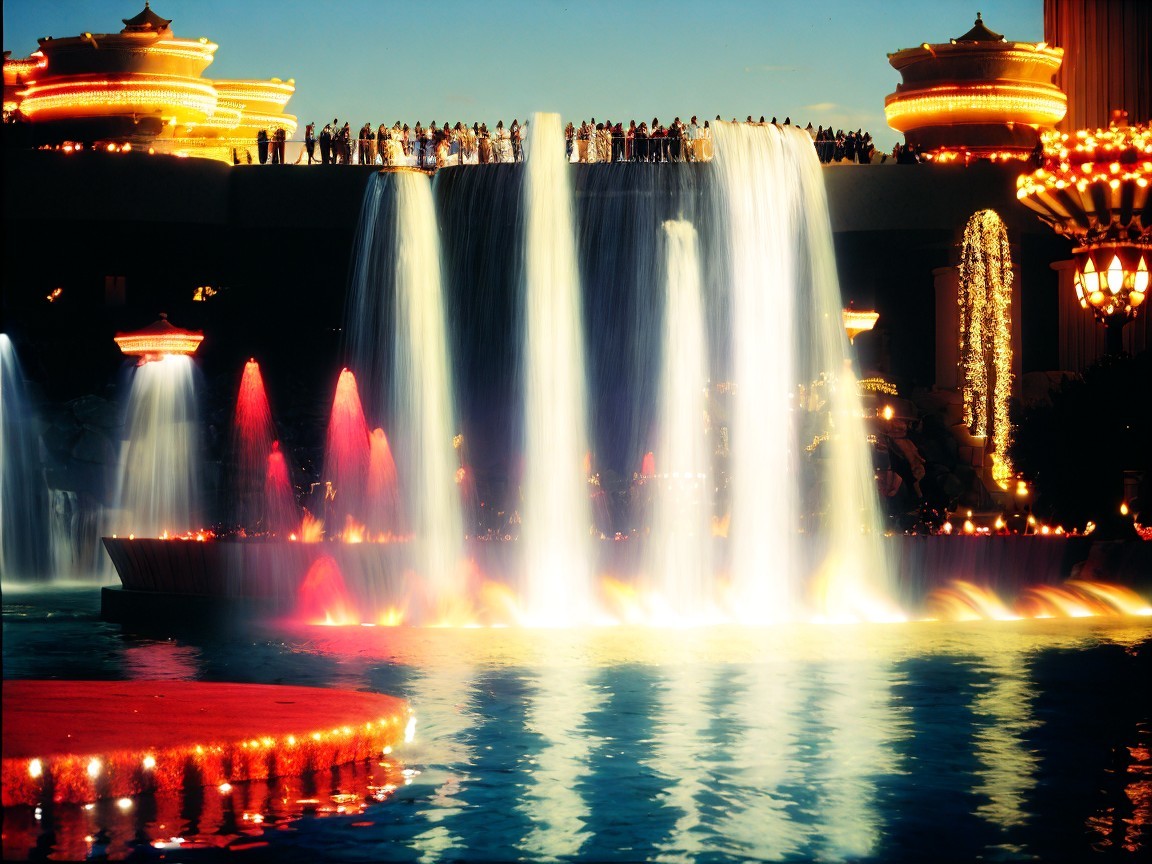 Grand Waterfall with Colorful Lights and Architecture