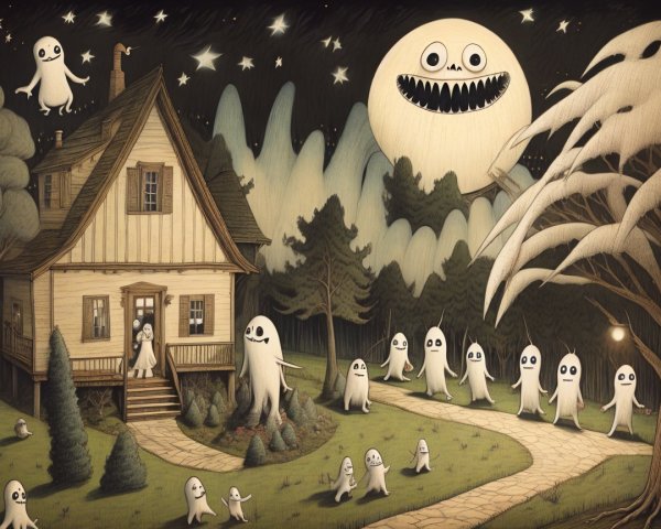 Whimsical House Scene with Cheerful Ghosts and Moon