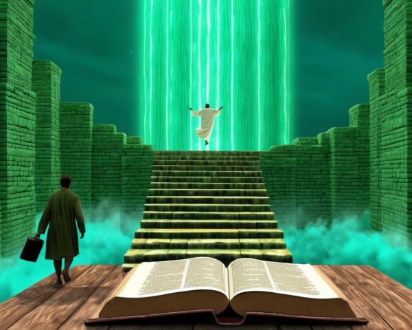 Mysterious Scene with Figures and Luminous Stairs