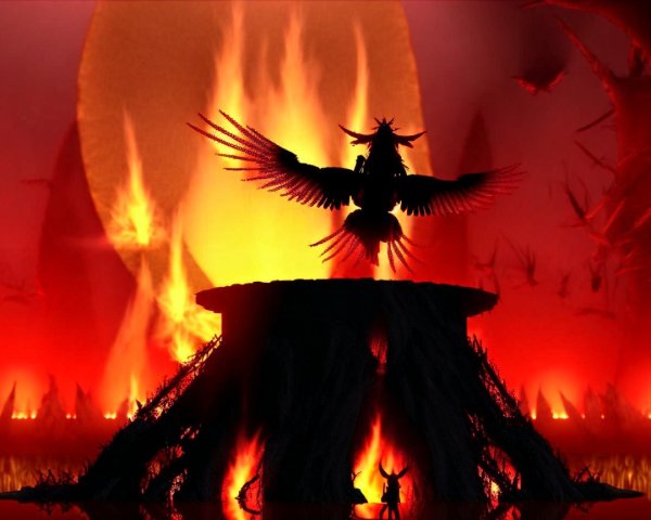 Mythical Bird Over Fiery Landscape with Small Figure
