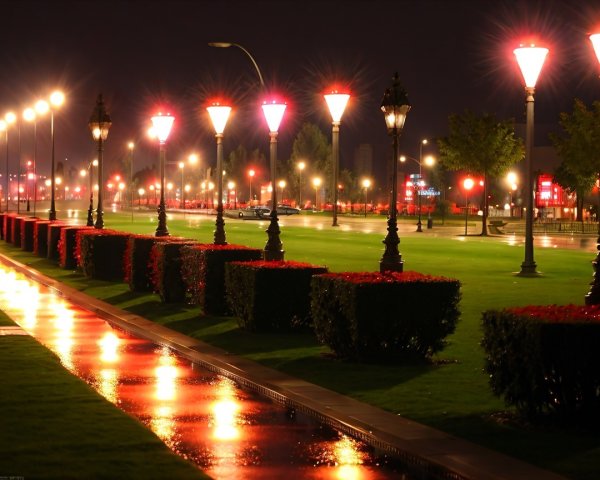 Serene Nighttime Street Scene with Ornate Lampposts