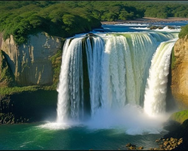 Waterfall Cascading Down Rocky Cliff into Turquoise Pool