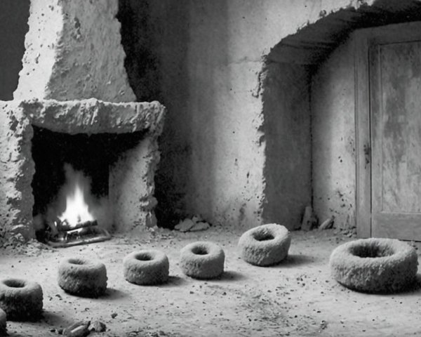 Rustic Room with Stone Walls and Flickering Fireplace