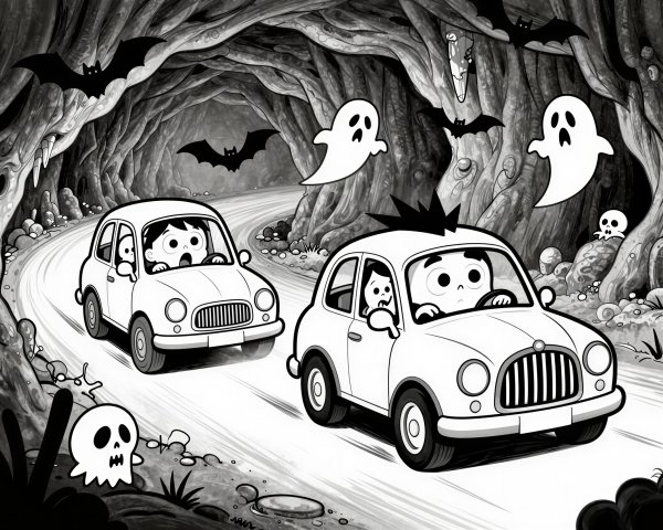 Cars on a winding road in a spooky forest tunnel