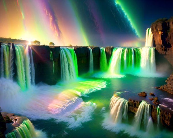 Vibrant Waterfall Scene with Colorful Lights and Sky