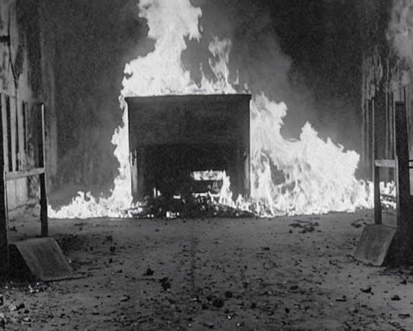 Dramatic Black-and-White Fire Scene with Debris