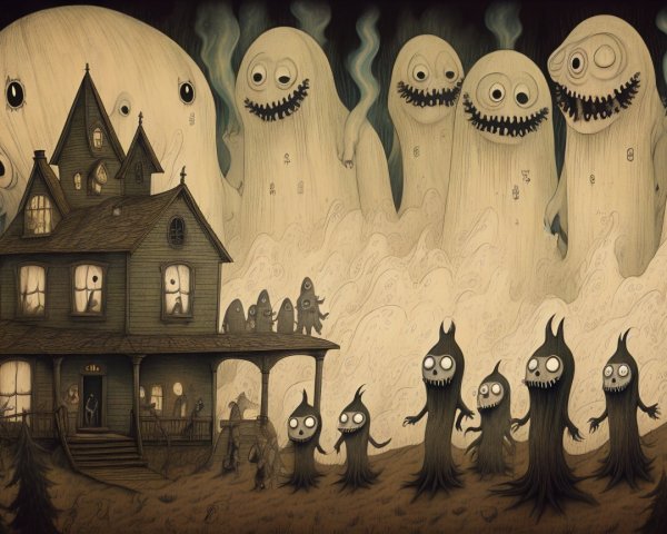 Whimsical Spooky Scene with Eerie House and Ghosts