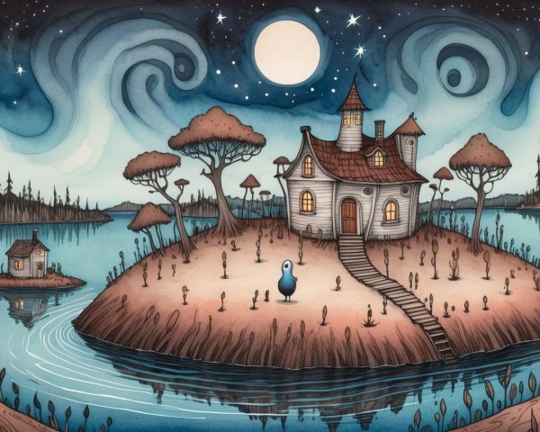 Whimsical Night Scene with Charming Island House
