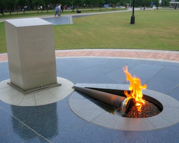 Memorial site with eternal flame and stone monument