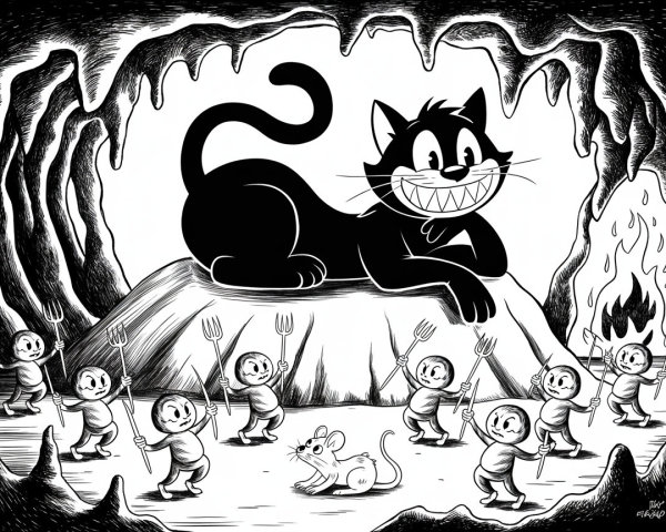 Whimsical Cat Illustration in a Cave with Creatures