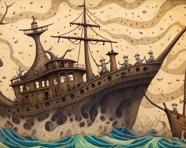 Whimsical Ship Illustration with Playful Figures and Waves