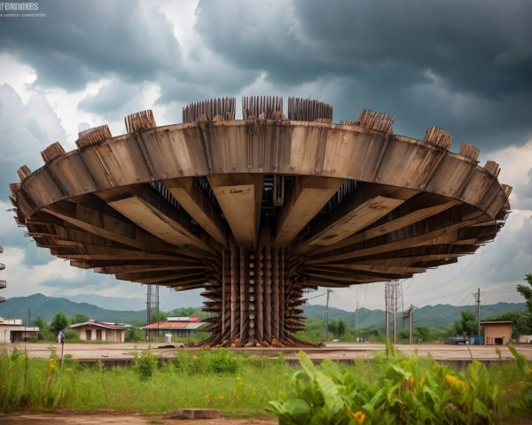 Futuristic Inverted Mushroom Structure in Rural Landscape