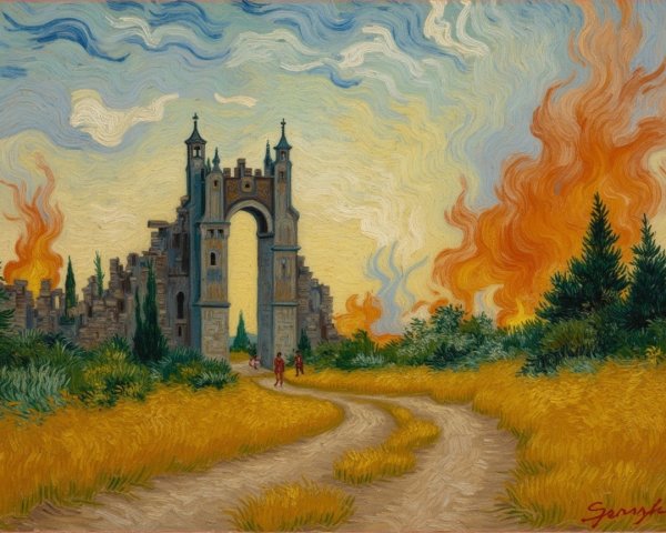 Vibrant Landscape with Grand Archway and Ruins