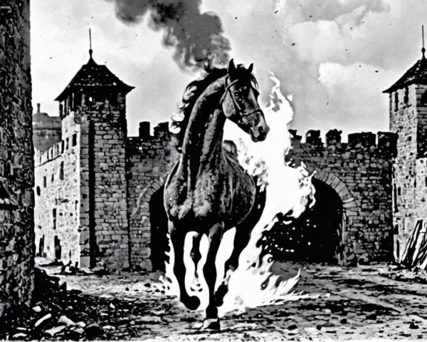Dramatic Black-and-White Scene of Horse and Fortress