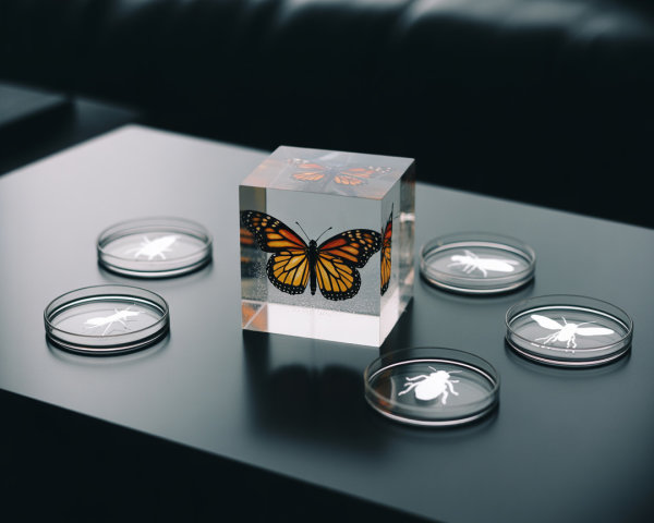 Resin Cube Display with Butterfly and Insect Silhouettes
